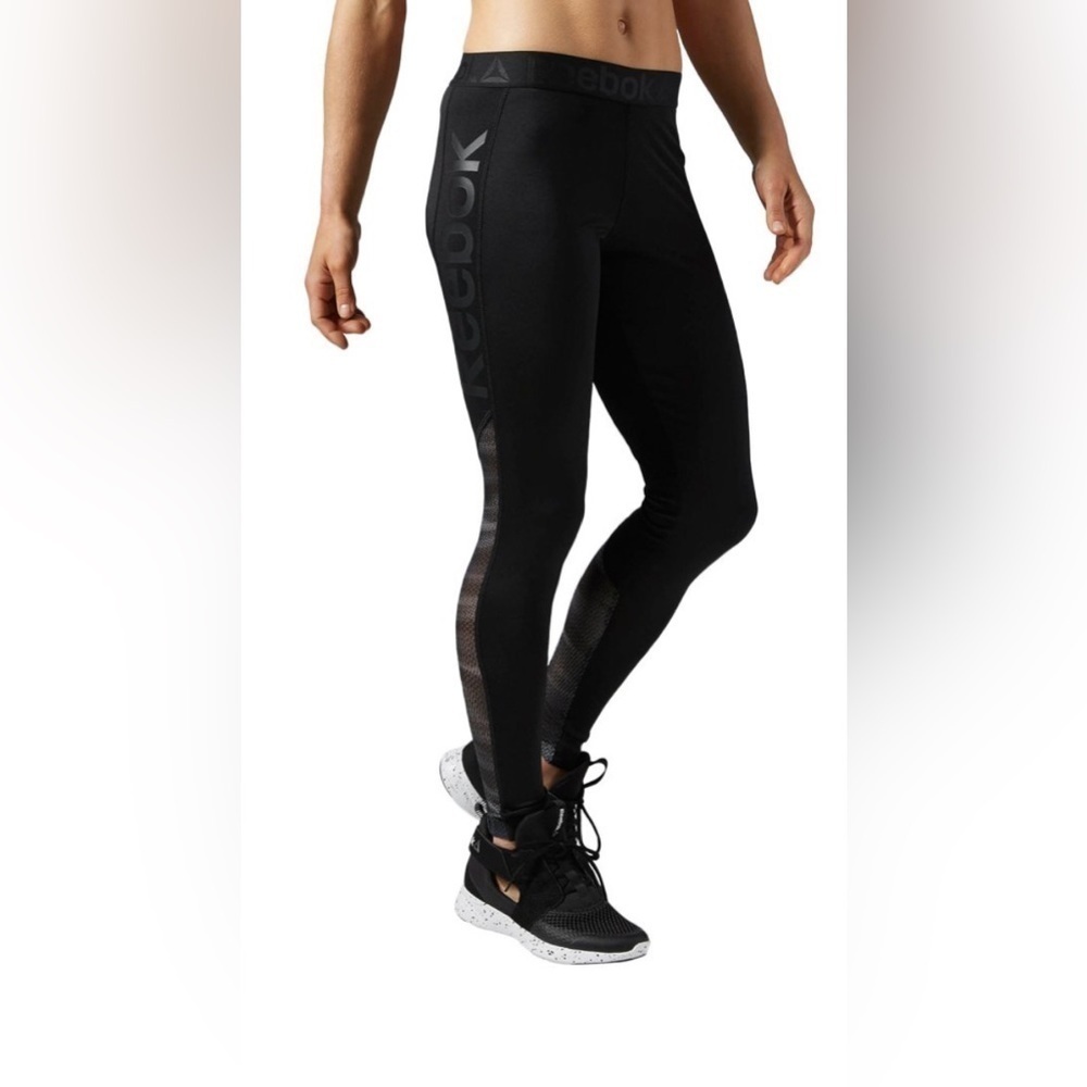 Reebok Speedwick Workout Show Mesh Logo Black/Grey Tights Leggings.  Sz Small